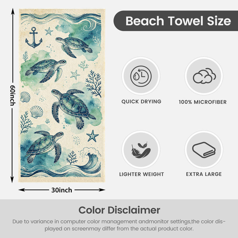 Serviette de plage en microfibre légère, absorbante et sans décoloration, 30 po x 60 po, Tortue nautique rétro