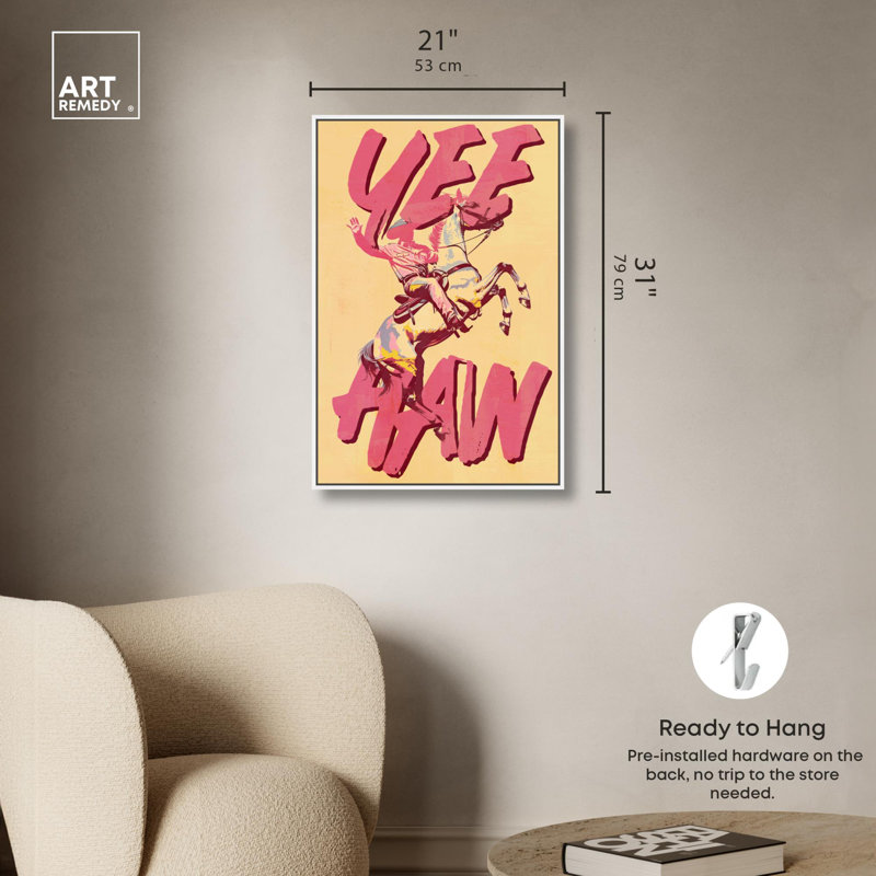 Impression sur toile Yeehaw Cowboy par Art Remedy, H 31 po x l 21 po, Cadre flottant blanc