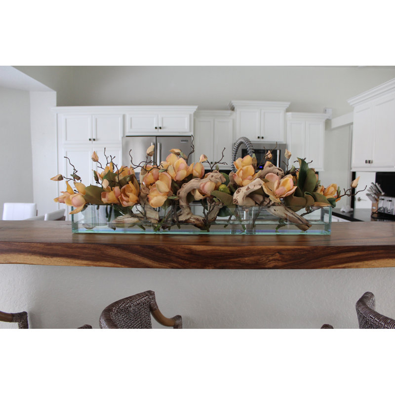 Glass Plate Magnolia Floral Arrangement And Centerpiece In Planter, 10" H x 24" W x 7" D, Peach