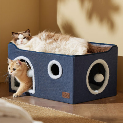 Lits pliants pour chats d'intérieur - Grande maison-grotte pour animaux de compagnie avec boules pelucheuses et bloc-notes
