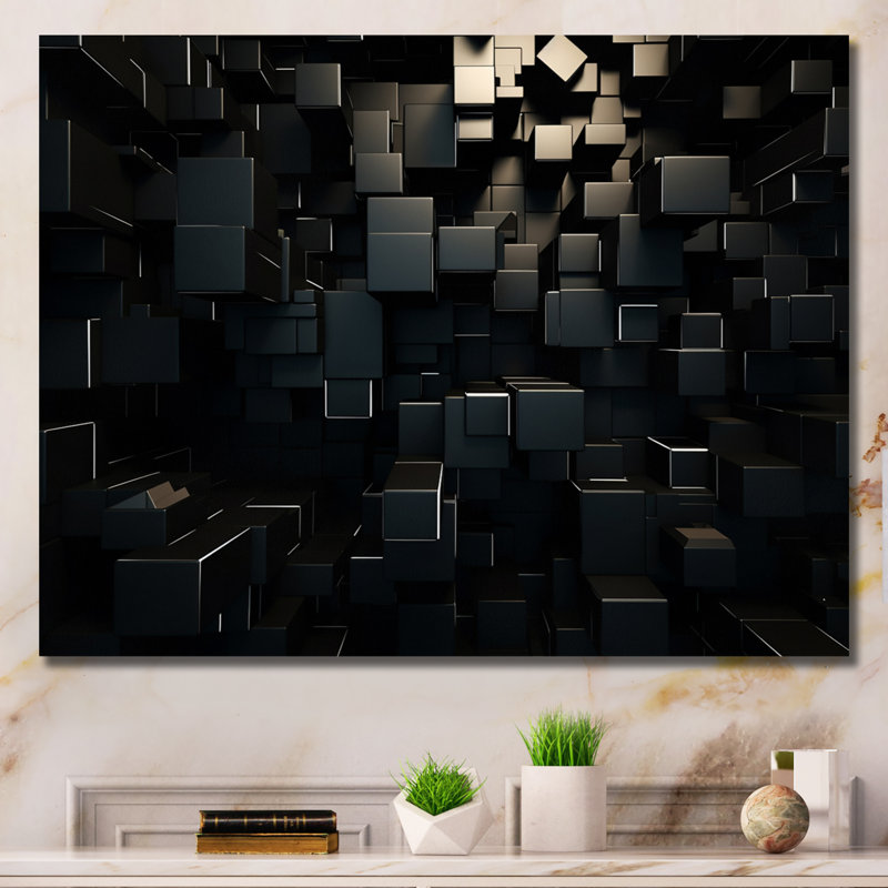 Dimensions du cube 3D en brique noire - Décoration murale géométrique abstraite, H 12 po x l 20 po x P 1 po, Toile tendue