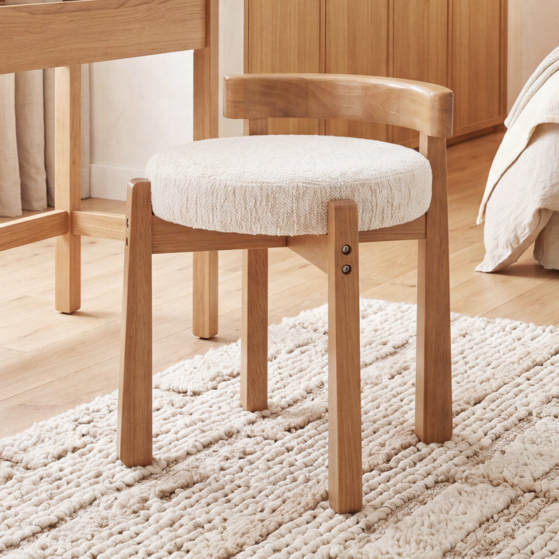 Upholstered Accent Stool With Low Back, Modern Vanity Chair For Bedroom/Living Room, Beige/Natural Chenille