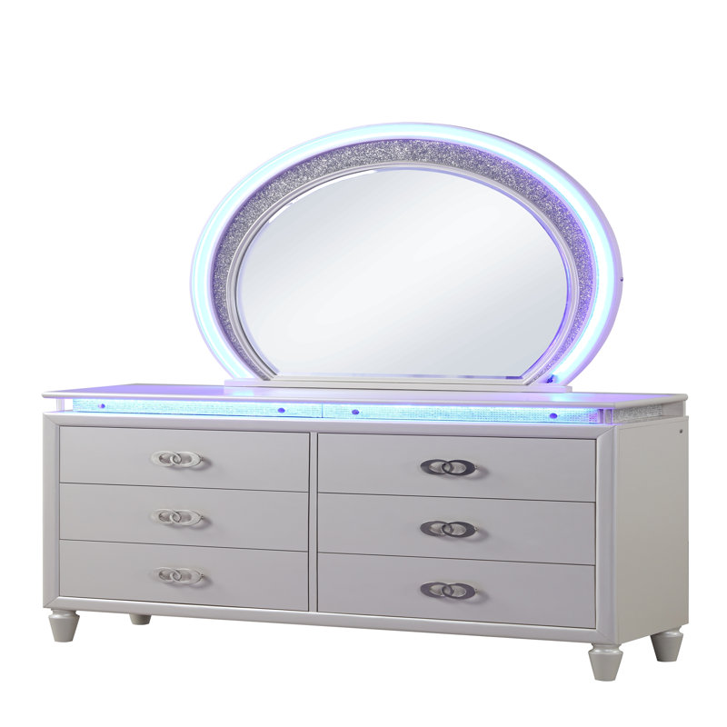 Commode 6 tiroirs à DEL en bois blanc laiteux