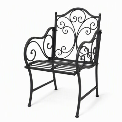 Chaise de jardin en fer forgé, fauteuil robuste en métal d'extérieur avec dossier orné de volutes, chaise de jardin noire résistante aux intempéries pour porche, balcon, cour, pelouse, terrasse