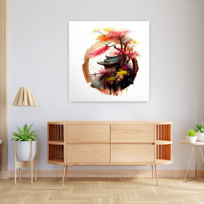 «Japanese Temple Blossoms Modern Abstract Contemporary Landscape Architecture», art mural, H 36 po x l 36 po