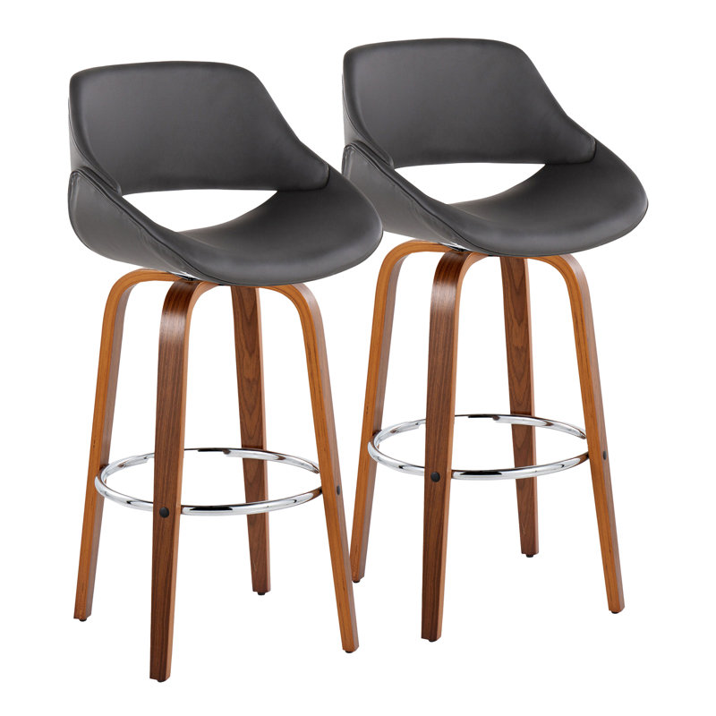 Najrin Faux Leather Upholstered Bar & Counter Stool with Round Footrest, Black, Walnut/Chrome, Bar Stool (30" Seat Height)