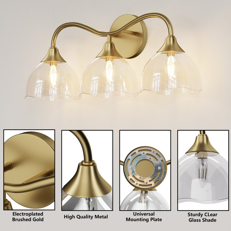 22.5" W 3-Light Dimmable Vanity Light, Polished Gold