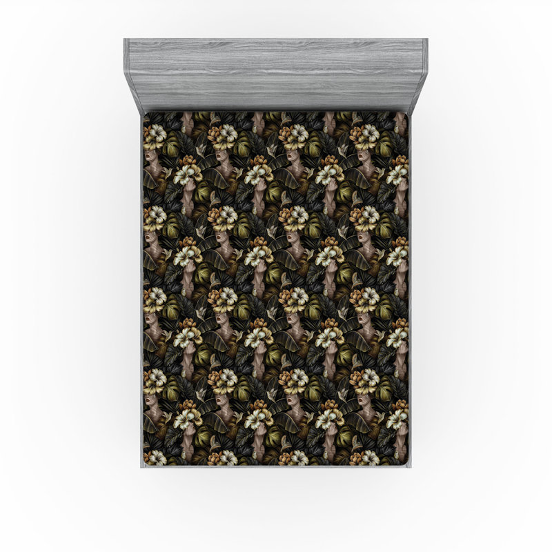 Ambesonne Nature Fitted Sheet Leaves Botanical Style Art, Dark Green/Pale Caramel Floral, Full Fitted Sheet