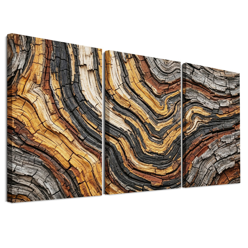 "Wavy" brun et noir, texture de grain de bois noir, ensemble de 3 toiles, H 36 po x l 24 po x 3 pièces