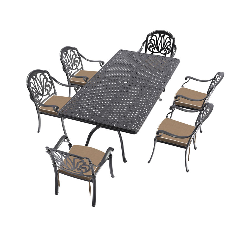 Ensemble de 7 pièces de mobilier de patio en aluminium coulé avec coussins, 7 pièces: table, 6 chaises