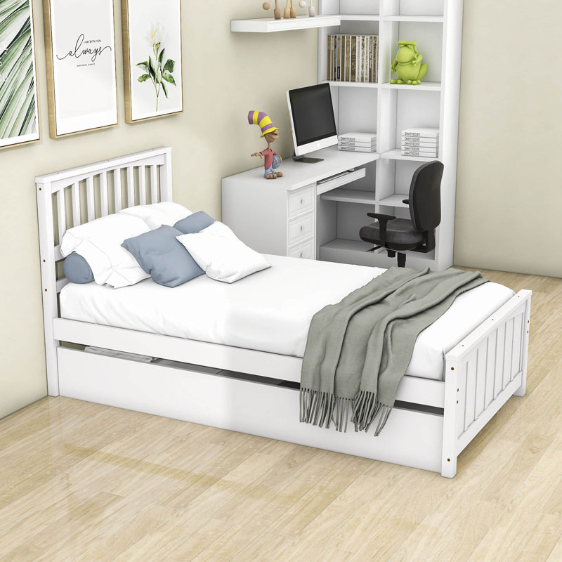Lit plateforme simple en bois massif avec lit gigogne, Blanc