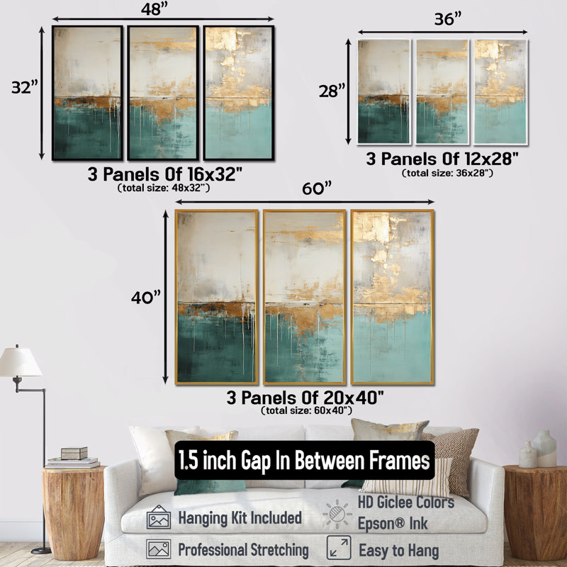 Minimalisme doré et bleu sarcelle horizon - ensemble de décorations murales abstraites, H 40 po x l 60 po x P 1 po