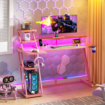 Gaming Desk With Monitor Stand & Cpu Stand,Computer Desk With Power Outlet & RGB LED Lights,Home Office Desk With Cup Holder & Headphone Hook