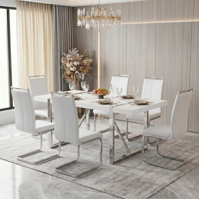 7-Piece American 71" Modern Rectangular Dining Set, White MDF Table with Chrome Geometric Metal Legs & Upholstered Faux Leather Chairs