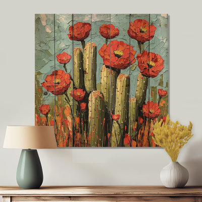 Cactus And The Desert Blooms II - Floral Cactus Wood Wall Art - On Natural Pine Wood
