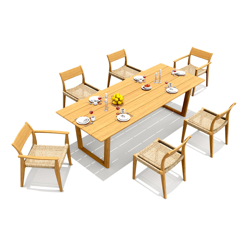 6 Seats 7 Pcs Grade-A Teak Wood Dining Set: 98" Sema Rectangle Table And 6 Amilo Stacking Chairs (2 Arm & 4 Armless Chairs) #11AM3202
