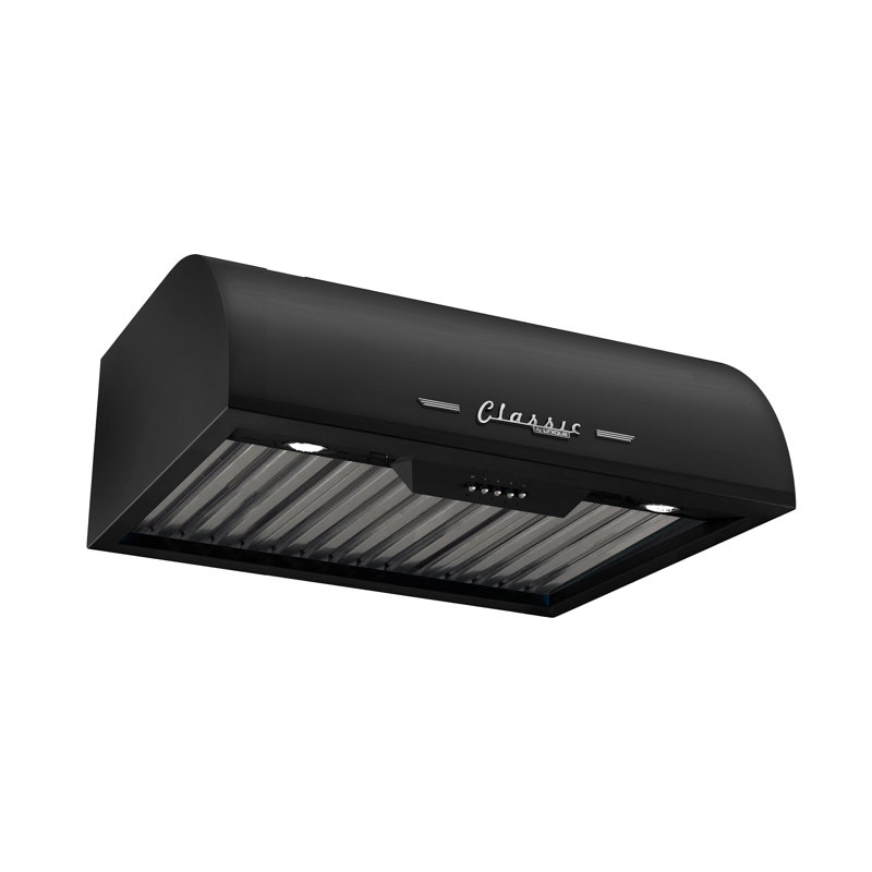 Hotte sous un meuble à conduit classique 24 pouces 500 CFM avec cloisons en acier inoxydable et éclairage Classic, Noir