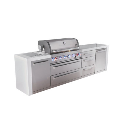 Îlot de cuisine de luxe en acier inoxydable avec brûleur latéral et brûleur latéral de L 44 po x l 23 po x P 46 po Mont Alpi + barbecue à 6 brûleurs de 44 po + comptoirs et côtés en granite + tiroirs et armoires de rangement + ensemble de rôtisserie + housse + convertible au gaz naturel + à vie Garantie