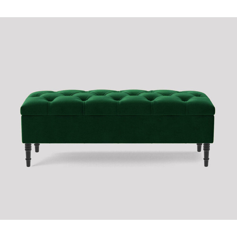 Alyana Wide Tufted Rectangle Ottoman Storage Bench - Upholstery Velvet Shoe Bench with Turned Wooden Legs, Forest Green