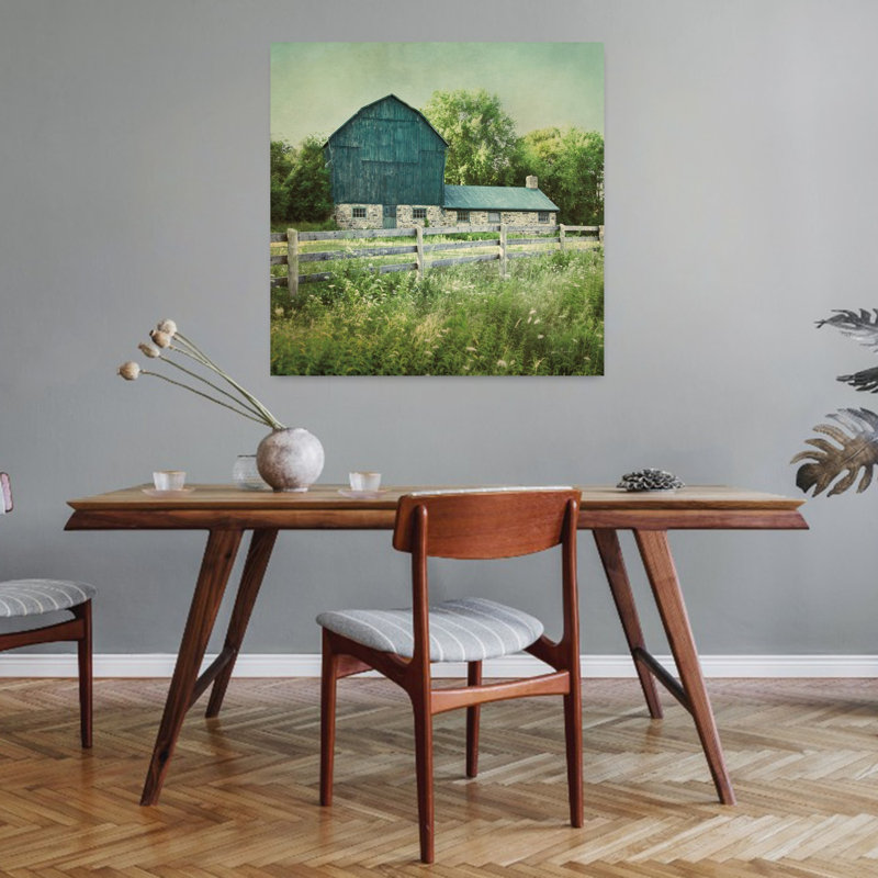 «Contemporary Blissful Country III» avec architecture et art de grange contemporain, H 32 po x l 32 po