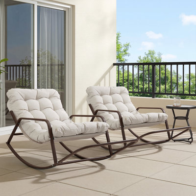 Oversized Indoor/Outdoor Papasan Rocking Chair Set of 2 with Integrated Footrests, 3.8" Thick Cushions and 420 lb Metal Frame