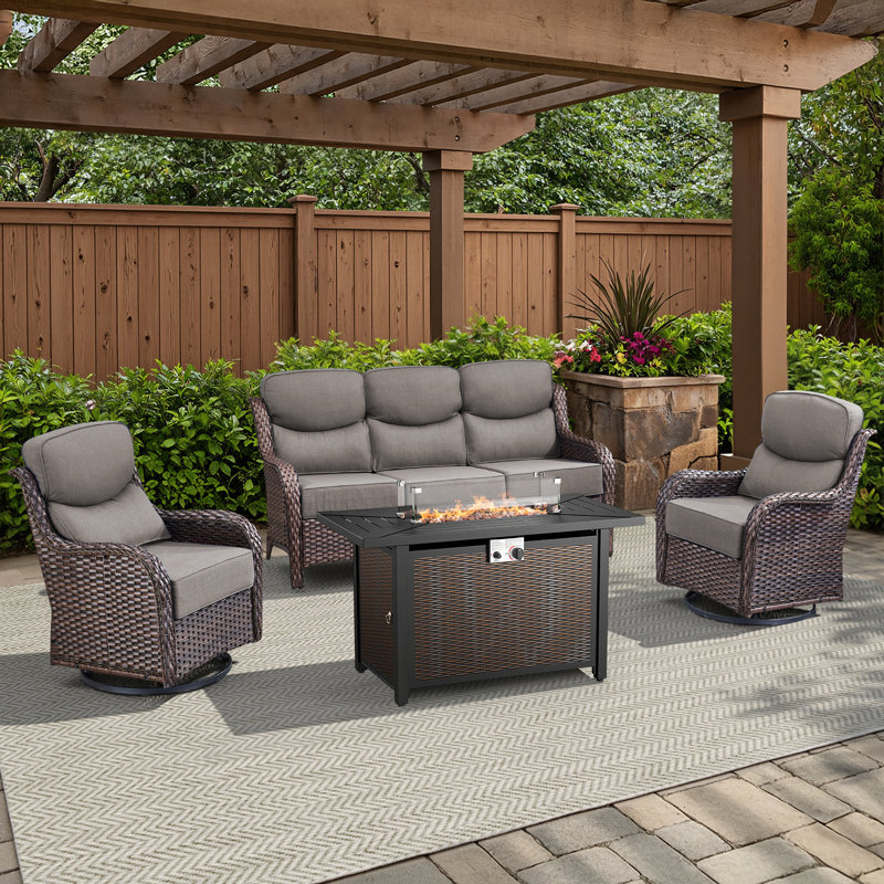 Outdoor Patio Wicker Sofa Conversation Set With Swivel Chairs And Fire Pit Table, Brown, Gray
