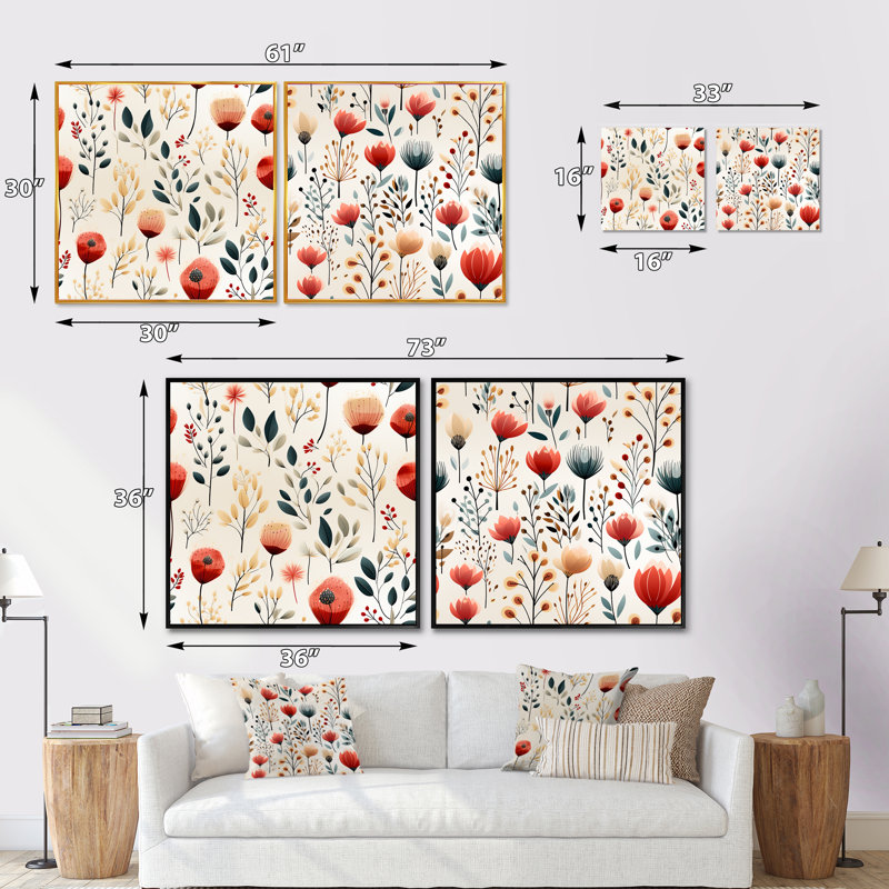 Ensemble de 2 motifs floraux minimalistes modernes à motif floral minimaliste, Cadre flottant noir, H 16 po x l 33 po