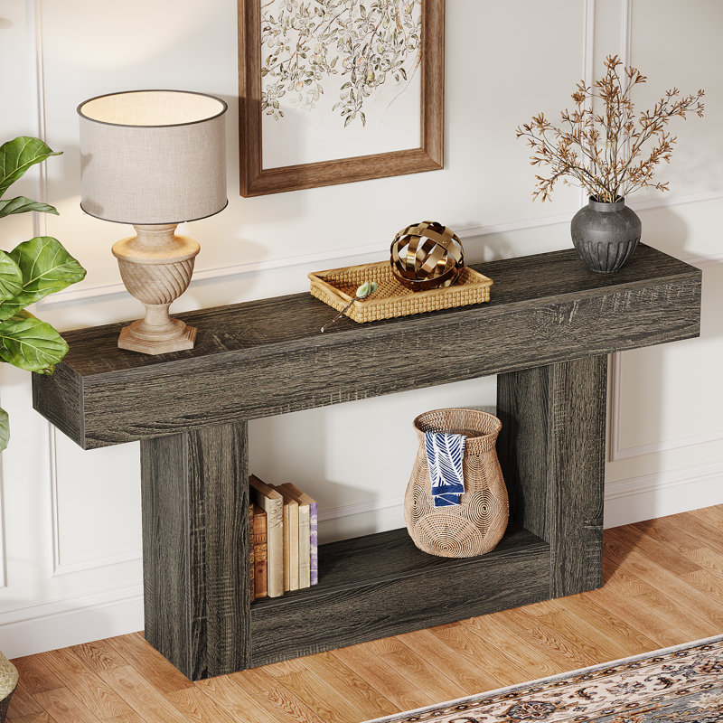 63" Console Table, Farmhouse Entryway Table, Narrow Wood Sofa Table for Living Room, Foyer, Dark Gray