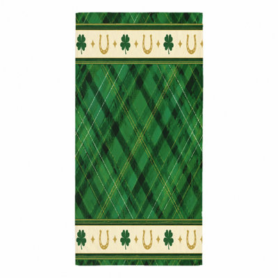1Pcs Green Plaid Shamrock Horseshoe Beach Towel, Featuring a Lucky Design with Four-Leaf Clovers and Horseshoes on Background, Ideal for, Swimming, Travel, Unisex