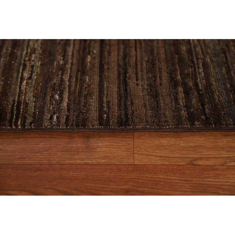 Tapis brun / gris en laine noué à la main de conception unique 6 pi 6 po x 9 pi 8 po New Age