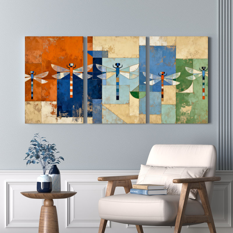 Tableau abstrait libellule sur toile tendue (lot de 3), H 18 po x l 36 po