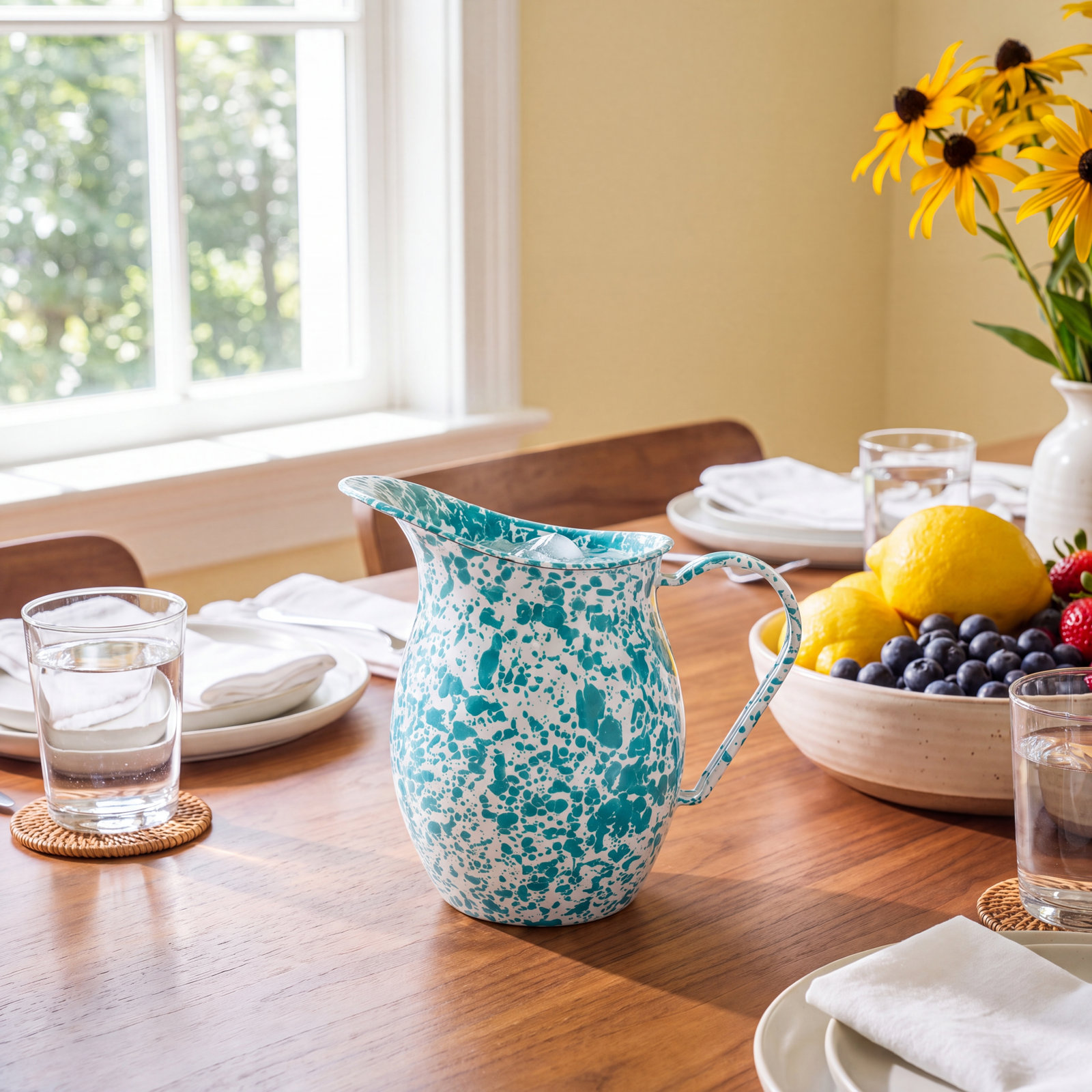 Enamelware Splatter Pitcher, Turquoise