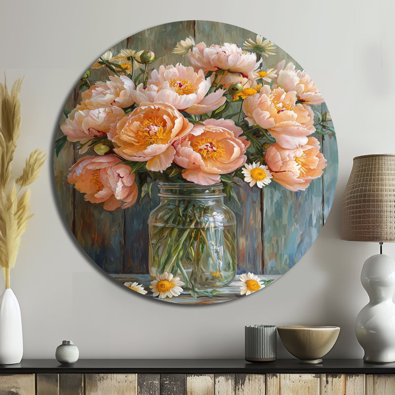 Golden Hour Peony Bouquet At The Farm II - Peonies Print On Metal Circle, 23" H x 23" W