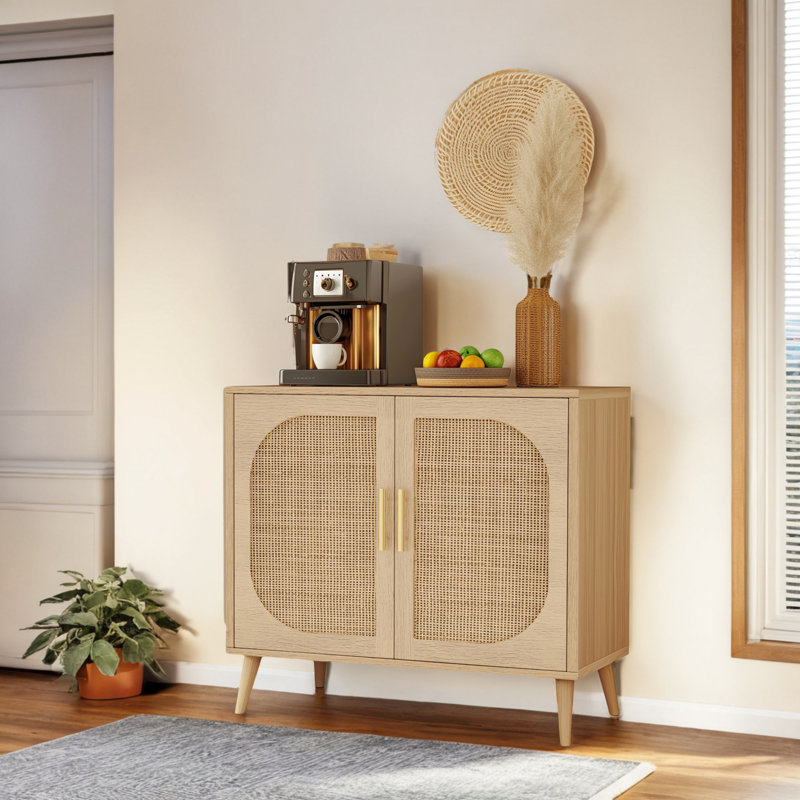 Beige Rattan and Wood Adjustable Shelving Bathroom Cabinet