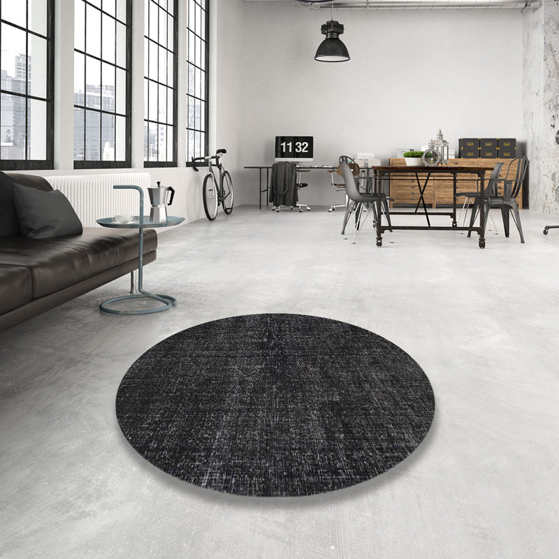Tapis traditionnel gris foncé et noir, Rond 4 pi