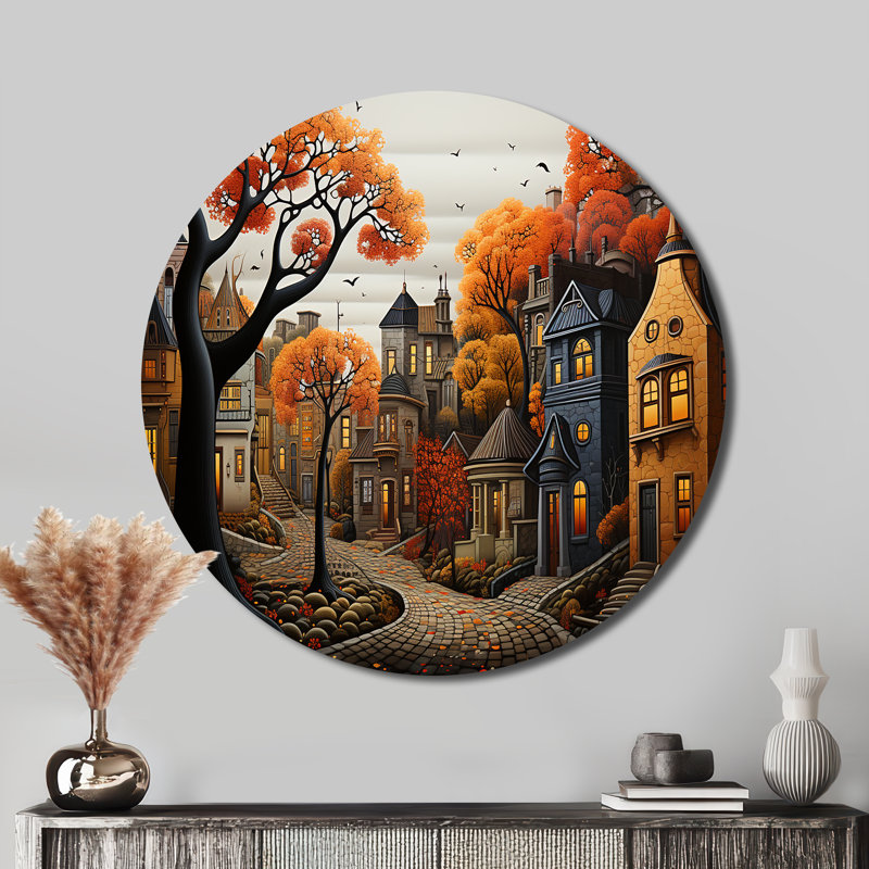 Cozy Village In Autumn Moonlit III - Art urbain rond en métal, H 36 po x l 36 po