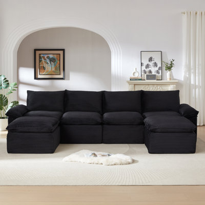 141.7In Modern Living Room Black Corduroy Cloud Sofa, Modular Sofa With Flexible Configuration, Frameless And Boneless Design, Compressed Packaging