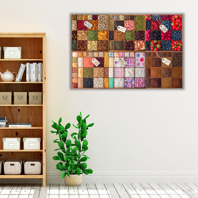 Collage of Food Ingredients in Wooden Boxes - reproduction d'art sur toile, H 20 po x l 30 po