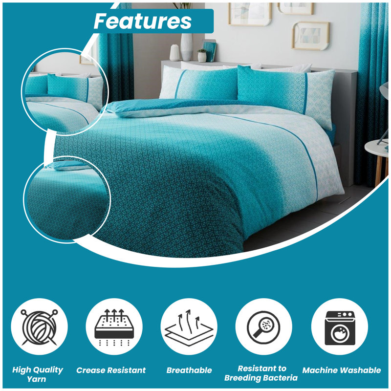 Geometric Polycotton Duvet Cover Set with Matching Pillowcases - Soft, Durable, Comfortable Unisex Bedding, Super King, Teal