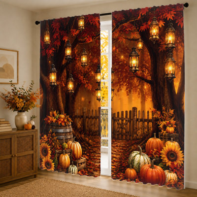 2Pcs Autumn Harvest Curtains, Lanterns and Pumpkins Print, Light Filtering Fabric, Vintage Fall Scene, Privacy Protection, Rod Pocket Design, for Living Room, Bedroom, Kitchen Home Decor