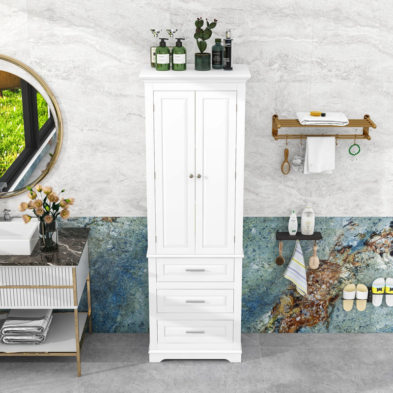 Wood Bathroom Cabinet with Three Drawers, White