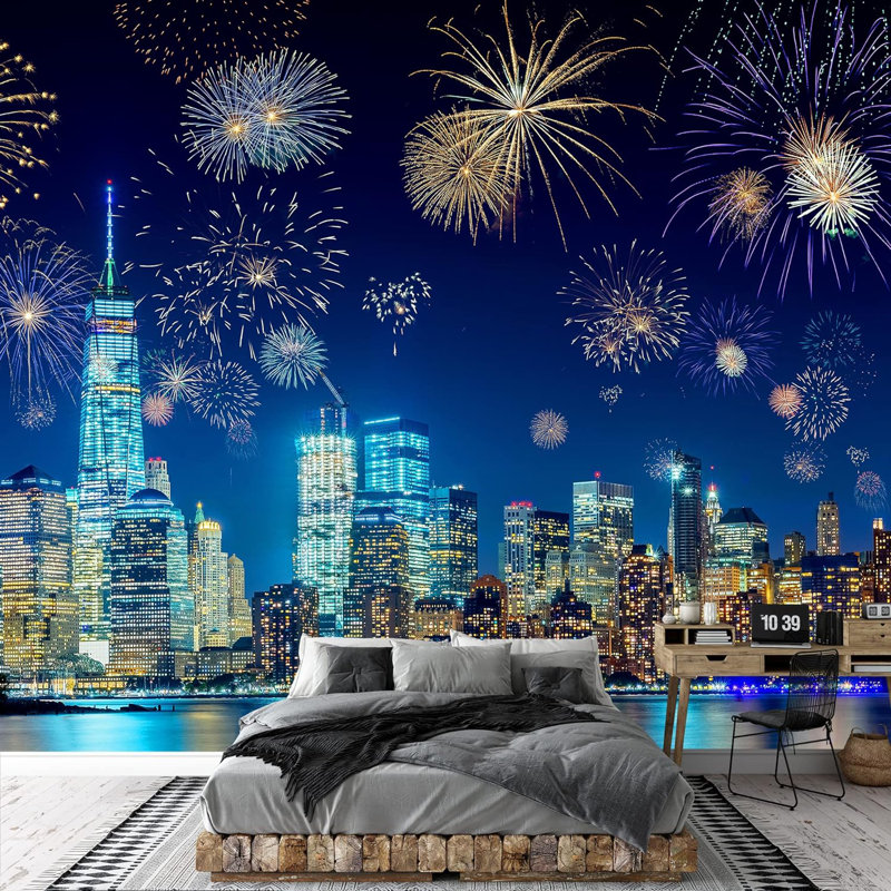Nouvel An, feux d'artifice, néon, New York, paysage urbain, point de repère, photographie, paysage décoratif
