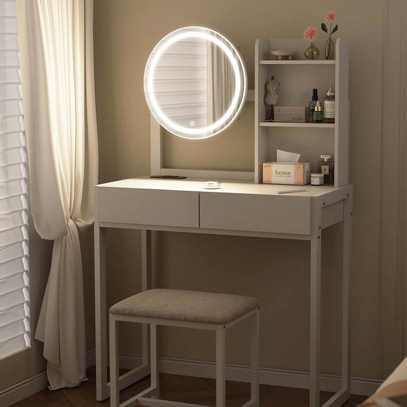 Petit bureau de meuble-lavabo lumineux à DEL avec miroir, table de maquillage avec 3 modes d'éclairage, prise de courant, tiroir, tablettes ouvertes et tabouret rembourré pour la chambre à coucher, blanc