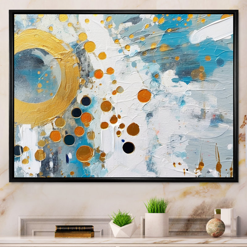 Combat abstrait sur toile bleu sarcelle et doré, Cadre flottant noir, H 30 po x l 40 po x P 1,5 po