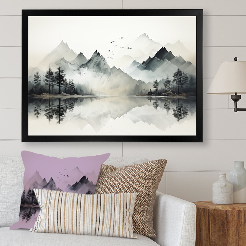 Aquarelle, rêve de lac et de forêt I, Cadre simple noir, H 30 po x l 40 po x P 1,5 po