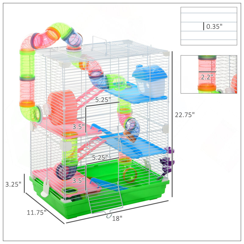 Cage à 5 niveaux avec tubes, tunnels et accessoires pour petits animaux, espace de vie portable et confortable, Vert