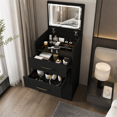 Bureau de coiffeuse polyvalent trois en un avec plateau en verre et rangement intégré pour les espaces de chambre compacts