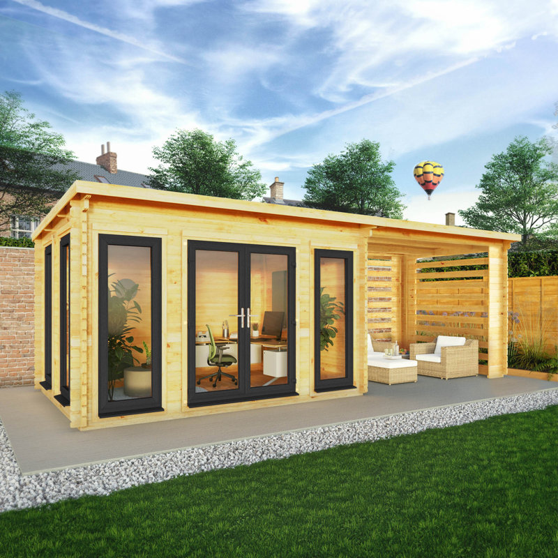 23ft x 10ft Studio Pent Log Cabin With Slatted Area With UPVC Windows & Doors (44mm), Grey/Natural Timber