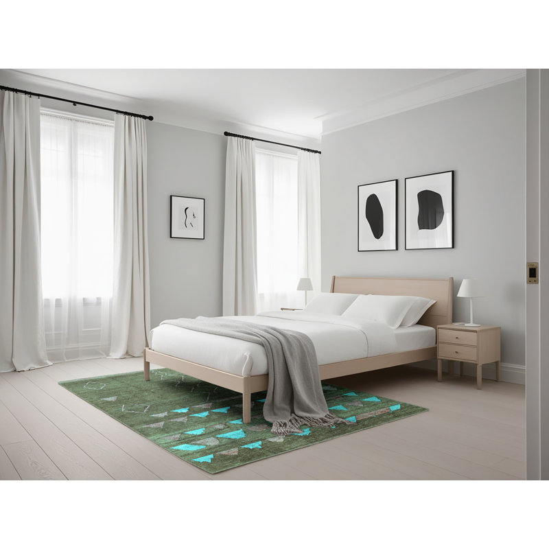 Tapis turquoise / bleu en laine tissé à la machine Derrice, Rectangle 5 pi x 7 pi