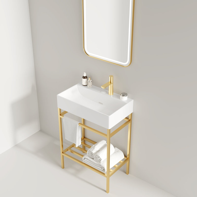 Meuble-lavabo autoportant avec lavabo en céramique, Blanc, Doré